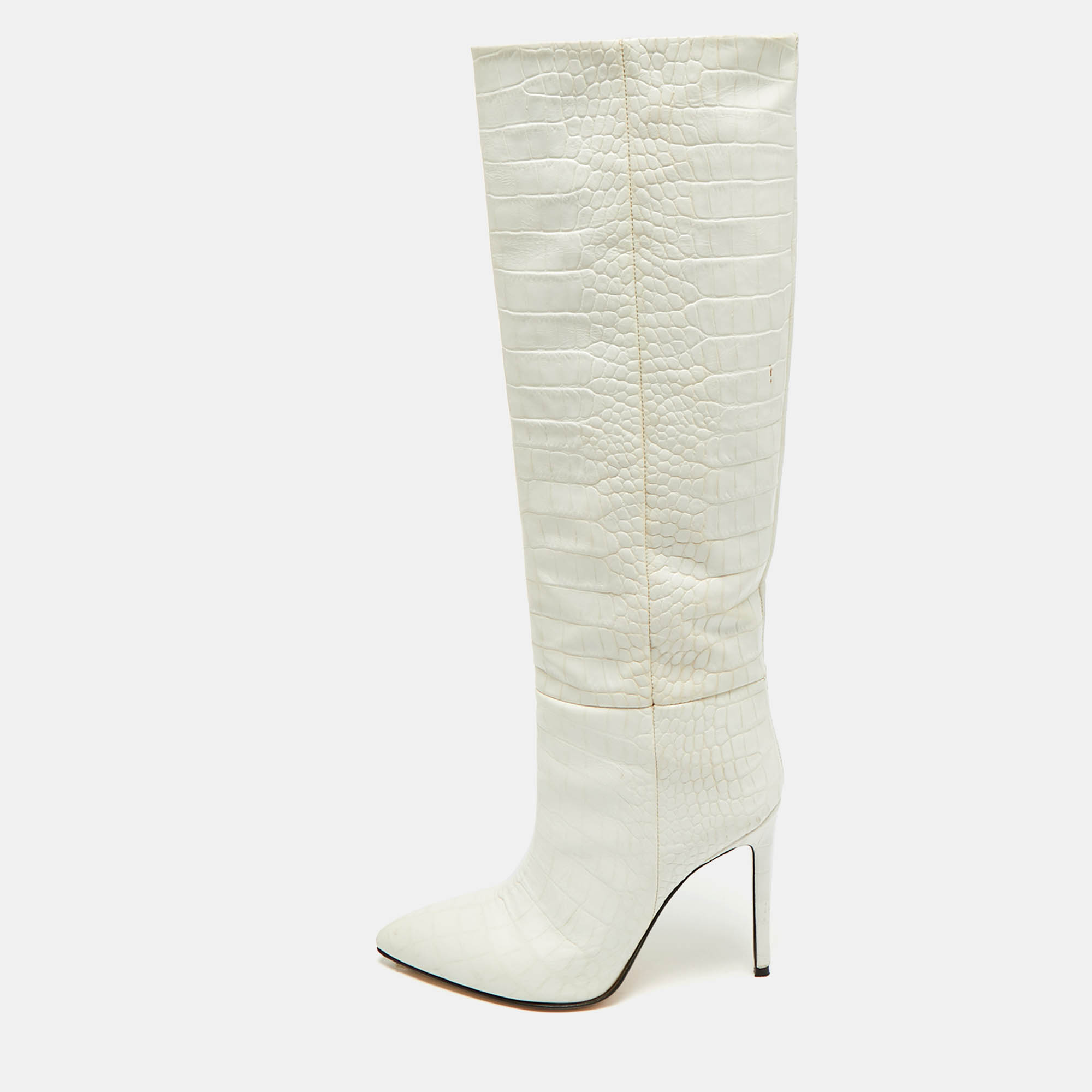 Pre-owned Paris Texas Size 38.5 White Croc Embossed Leather Knee Length Boots