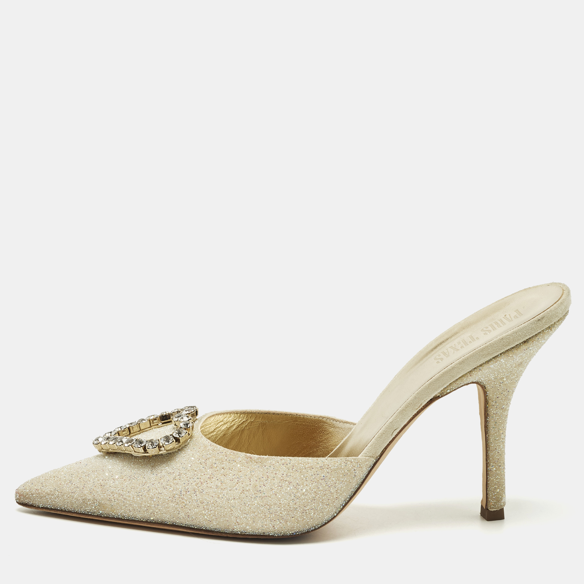Pre-owned Paris Texas Size 40.5 Metallic Glitter And Suede Mules In Silver
