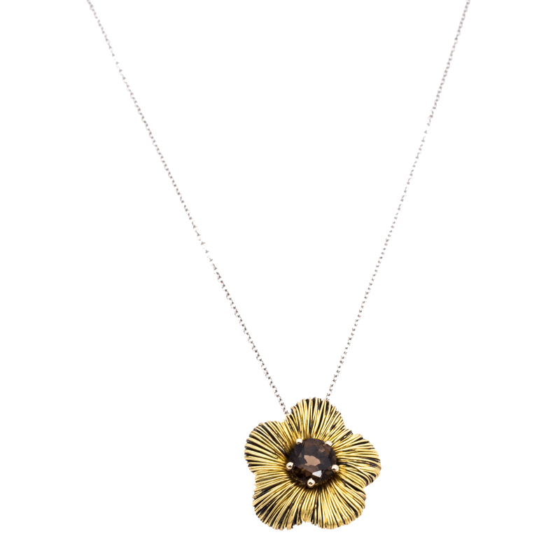 Pasquale Bruni Penelope Smoky Quartz 18k Two Tone Gold Flower Pendant Necklace