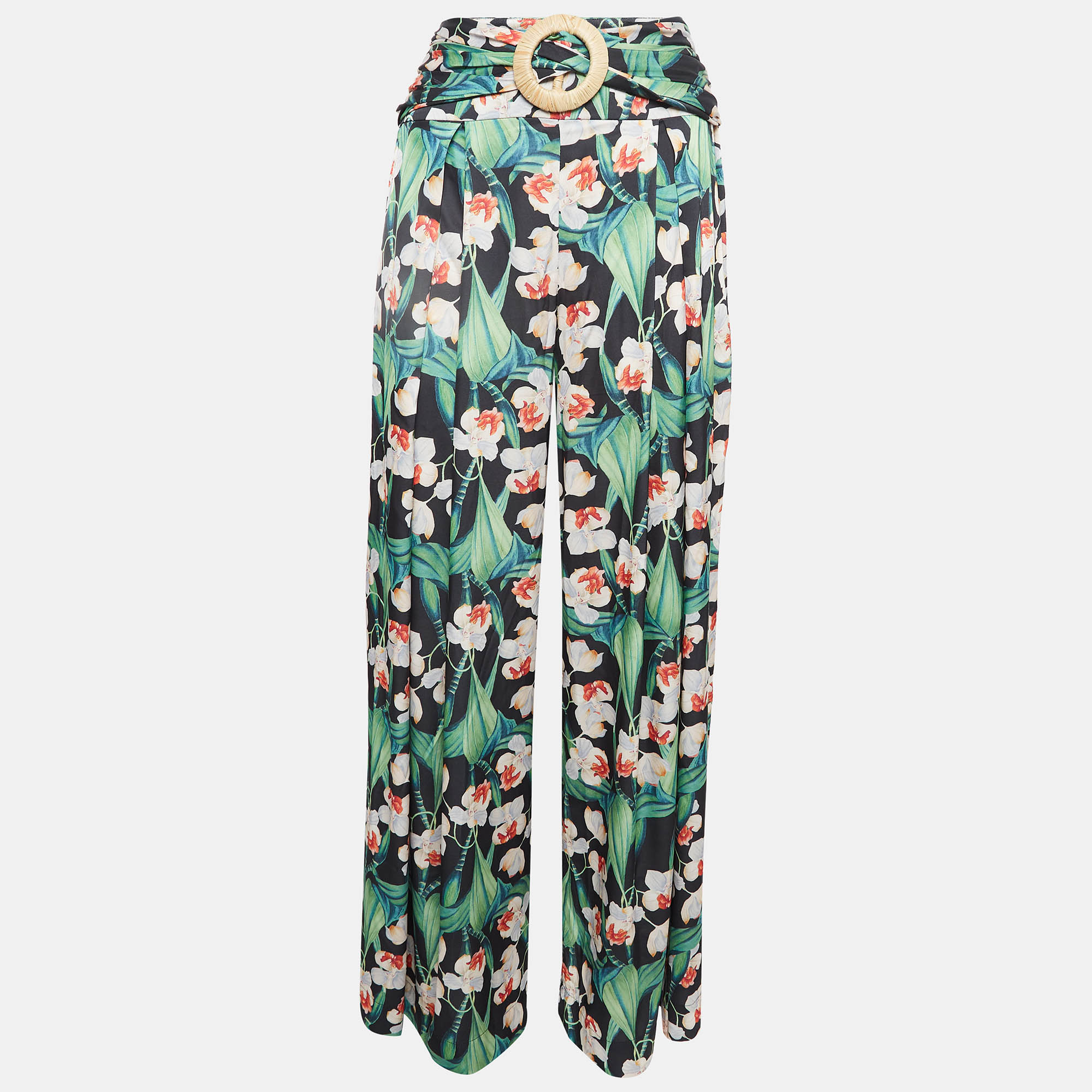 Pre-owned Patbo Black Floral Print Satin Belted Wide-leg Pants S