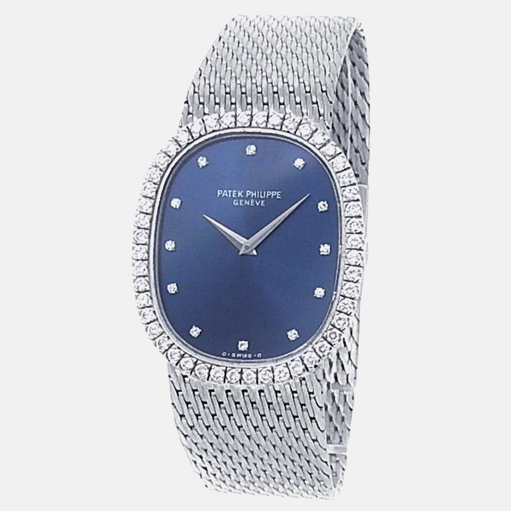 Pre-owned Patek Philippe Golden Ellipse 3748/009 Manual Winding Blue Dial 18k White Gold Diamond Women's Wristwatch 29 Mm