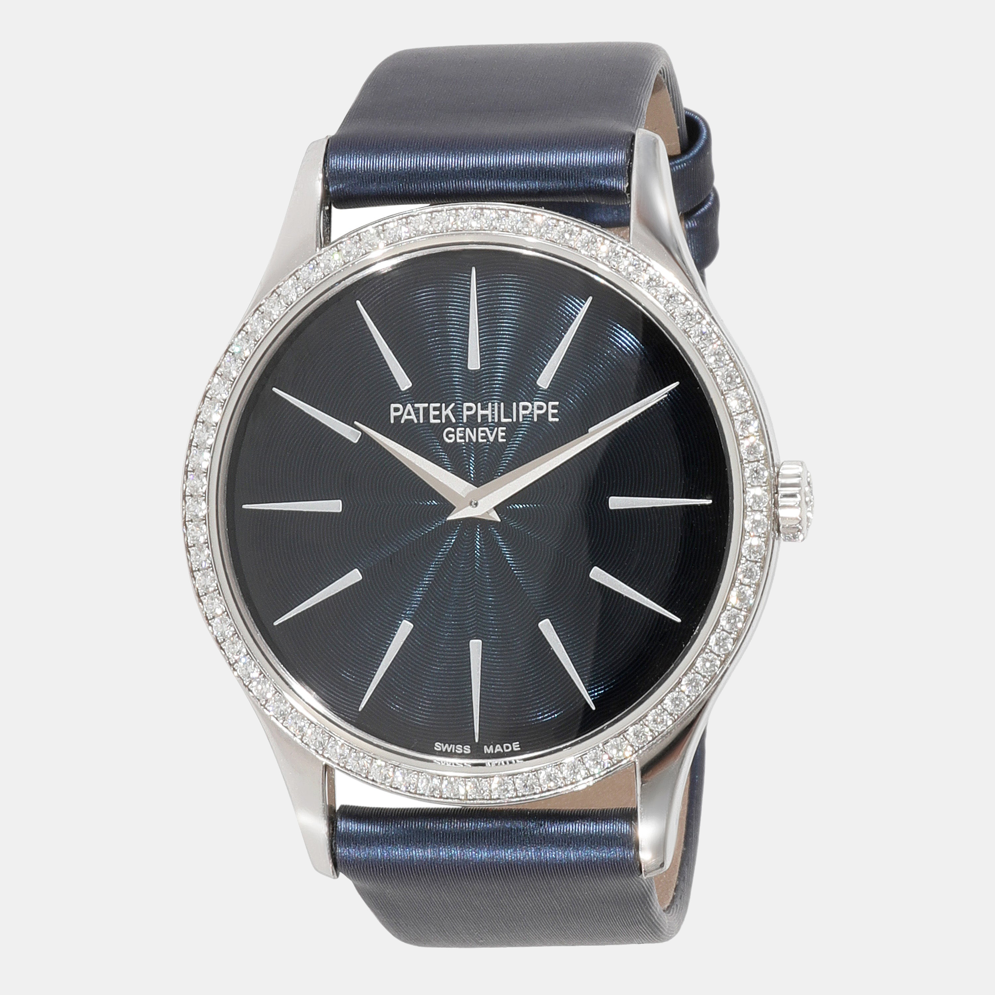 Pre-owned Patek Philippe Black Diamonds 18k White Gold Calatrava 4897g-001 Women's Wristwatch 33 Mm