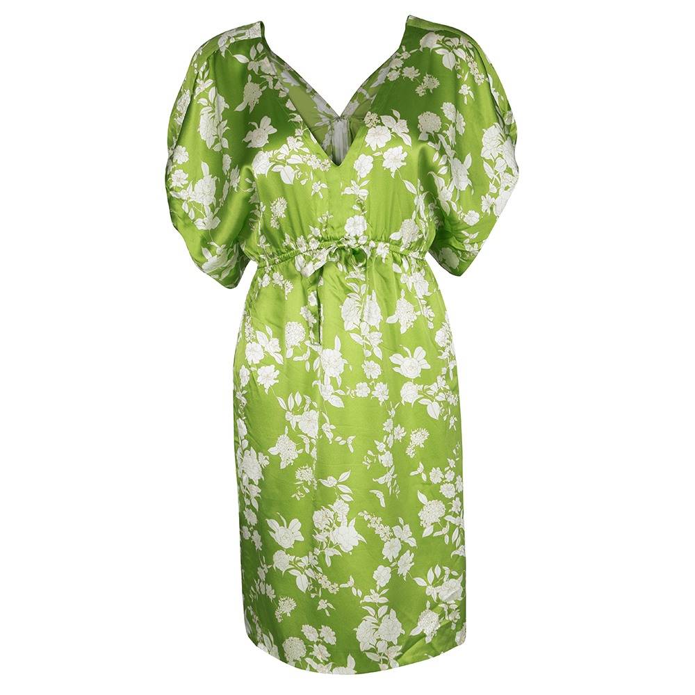 Paul and Joe Green Floral Printed Silk V-Neck Dress S