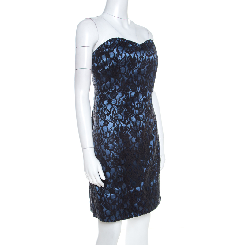 

Paul & Joe Black and Blue Floral Lace and Satin Strapless Cocktail Dress