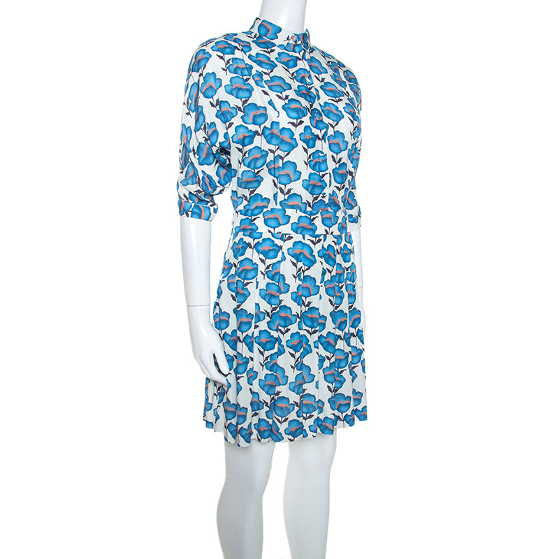 

Paul and Joe Blue Floral Print Twill Pleated Skirt Dress