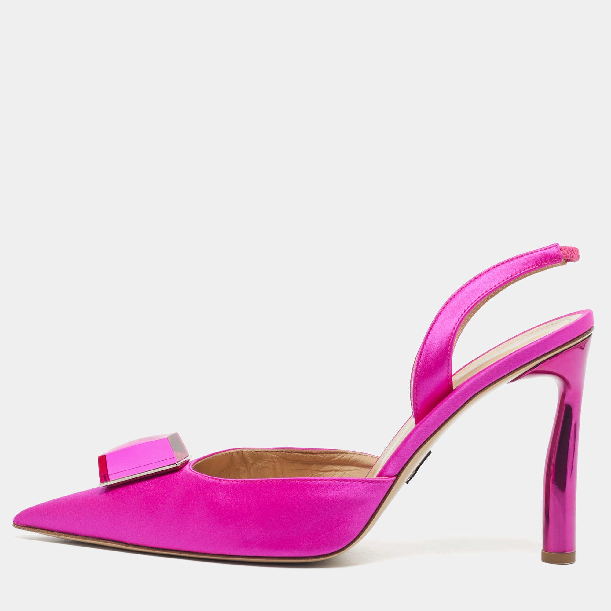 

Paul Andrew Pink Satin Crystal Cube Embellished Rhea Slingback Pumps Size