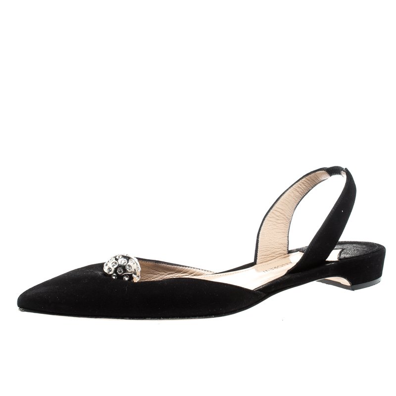 Paul Andrew Black Suede Rhea Jewel Pointed Toe Flats Size 39