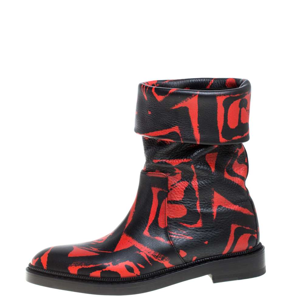 

Paul Andrew Black/Red Printed Leather Rian Ankle Boots Size