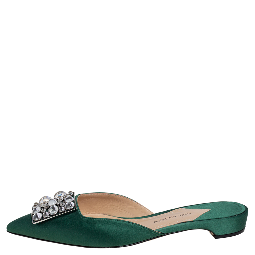 

Paul Andrew Green Satin Crystal Embellished Mule Flats Size