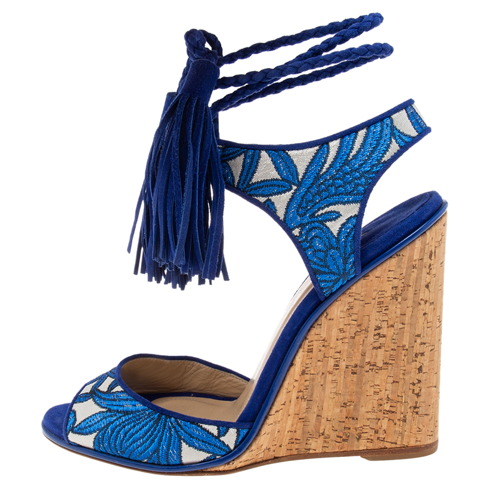 

Paul Andrew Blue/Silver Tianjin Embroidered Fabric Ankle Tassel Tie Wedge Sandals Size