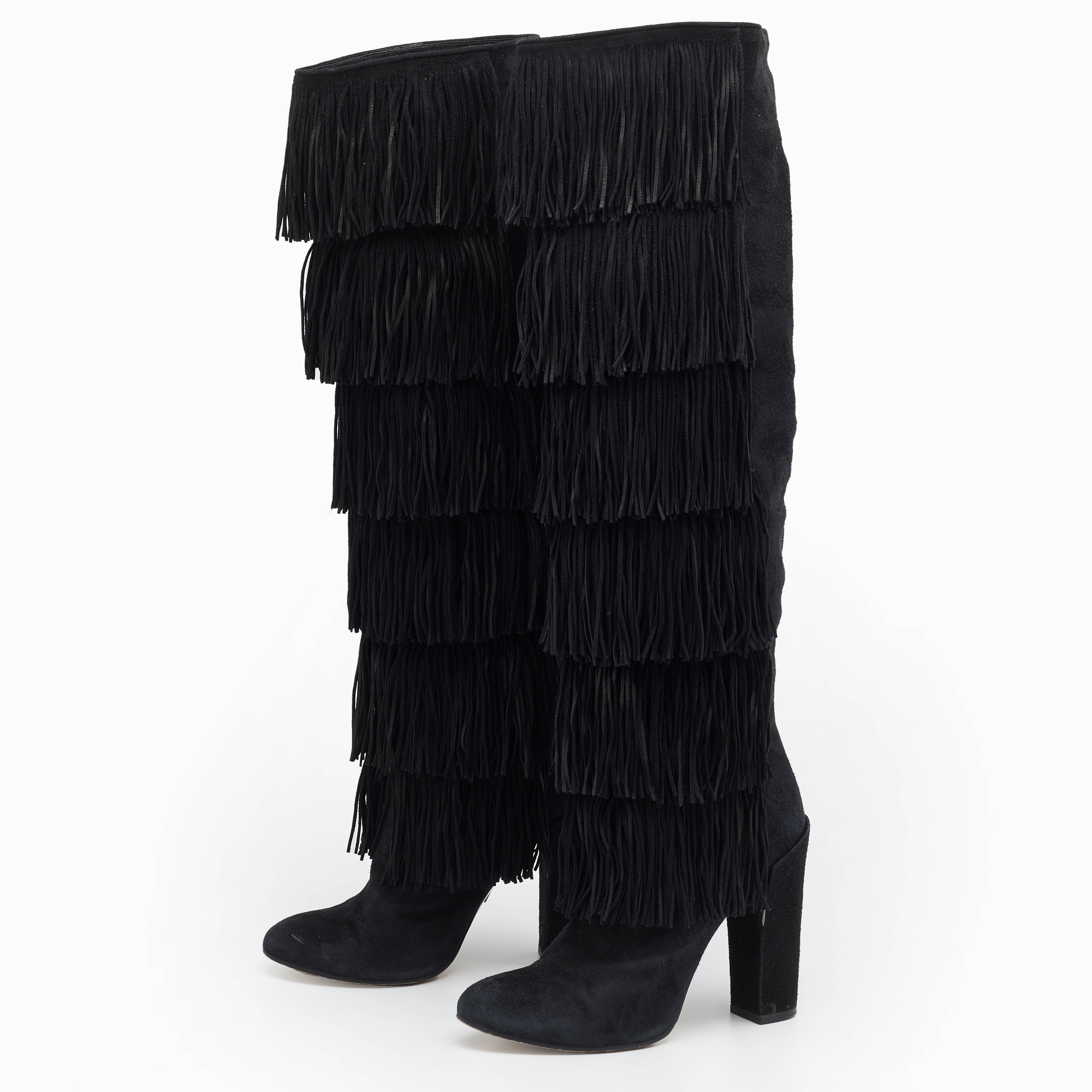 

Paul Andrew Black Suede Fringe Knee Length Boots Size