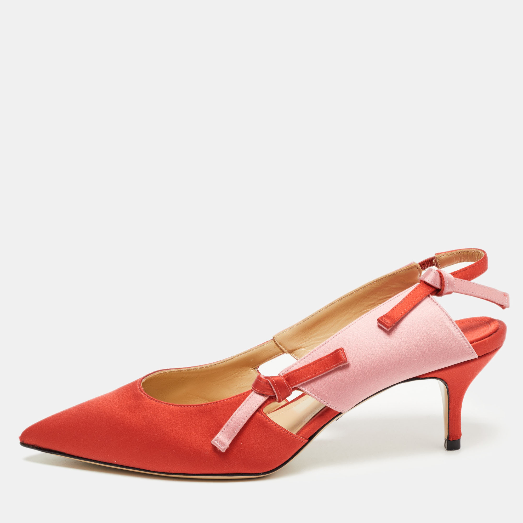 Pre-owned Paul Andrew Red/pink Satin Bow Slingback Pumps Size 38