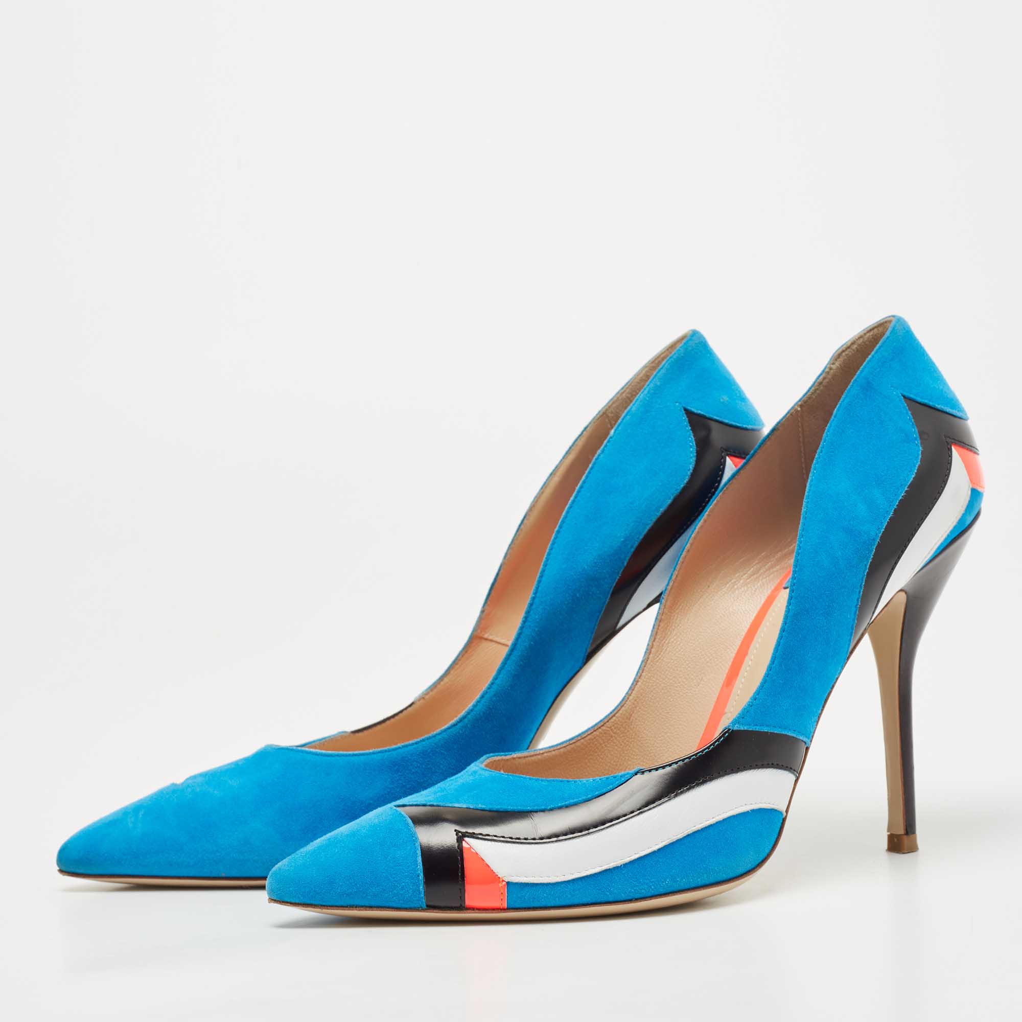 

Paul Andrew Multicolor Suede and Leather Striped Pointed Toe Pumps Size