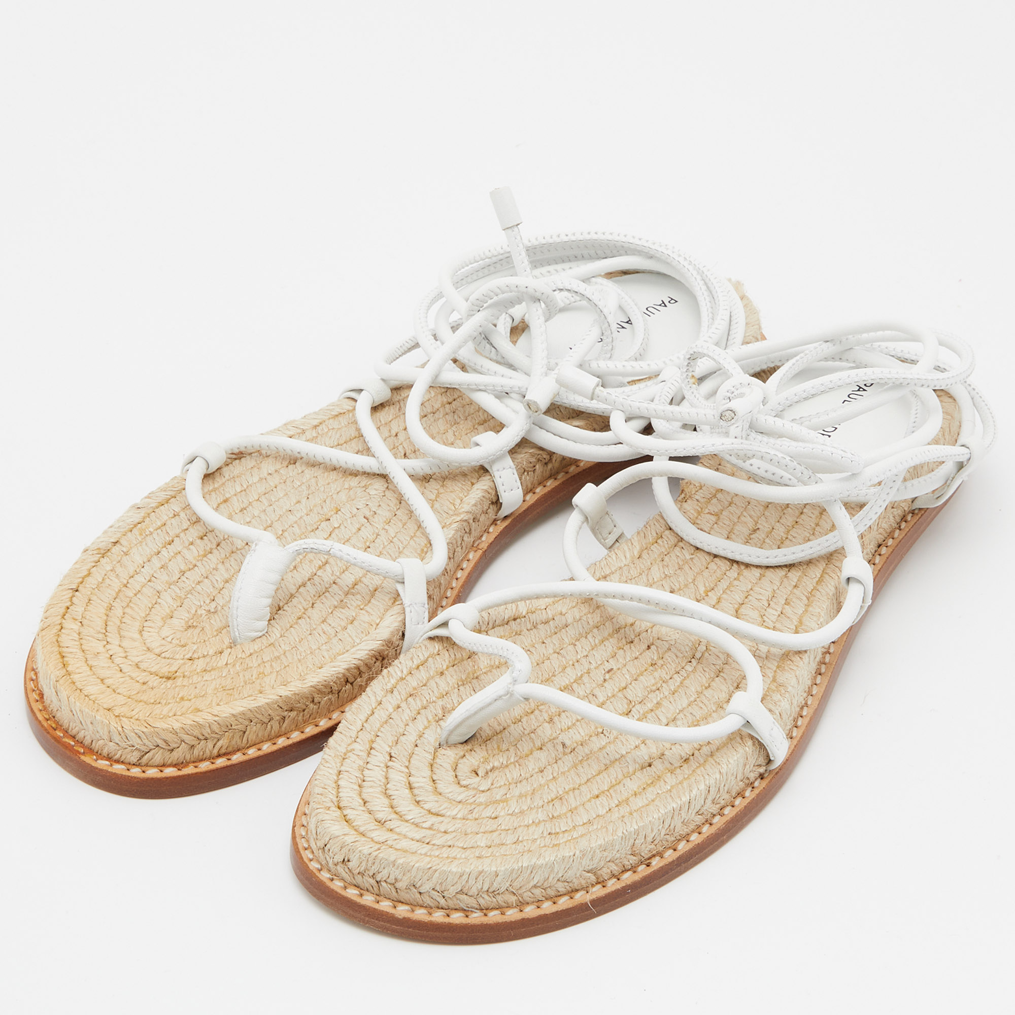 

Paul Andrew White Leather Strappy Ankle Espadrille Flat Size