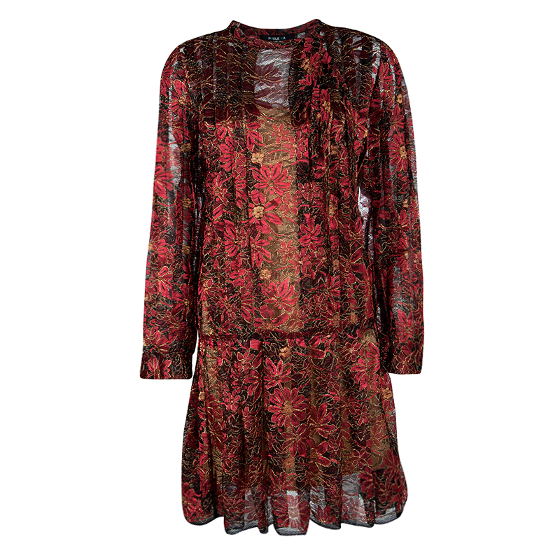 Paule Ka Red Lurex Floral Lace Pleated Shirt Dress XL
