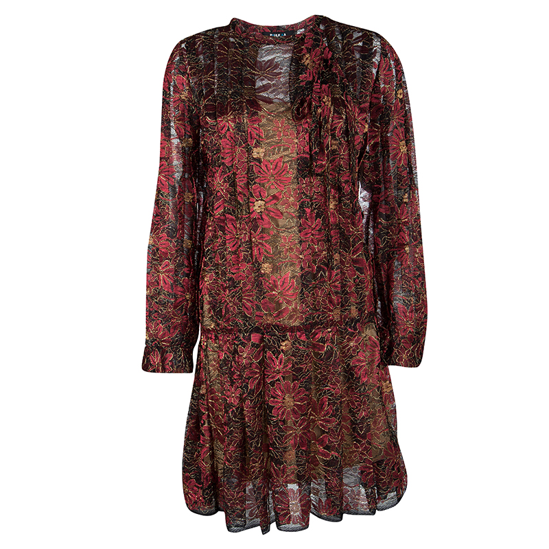 Pre Owned Paule Ka Red Lurex Floral Lace Pleated Shirt Dress XL