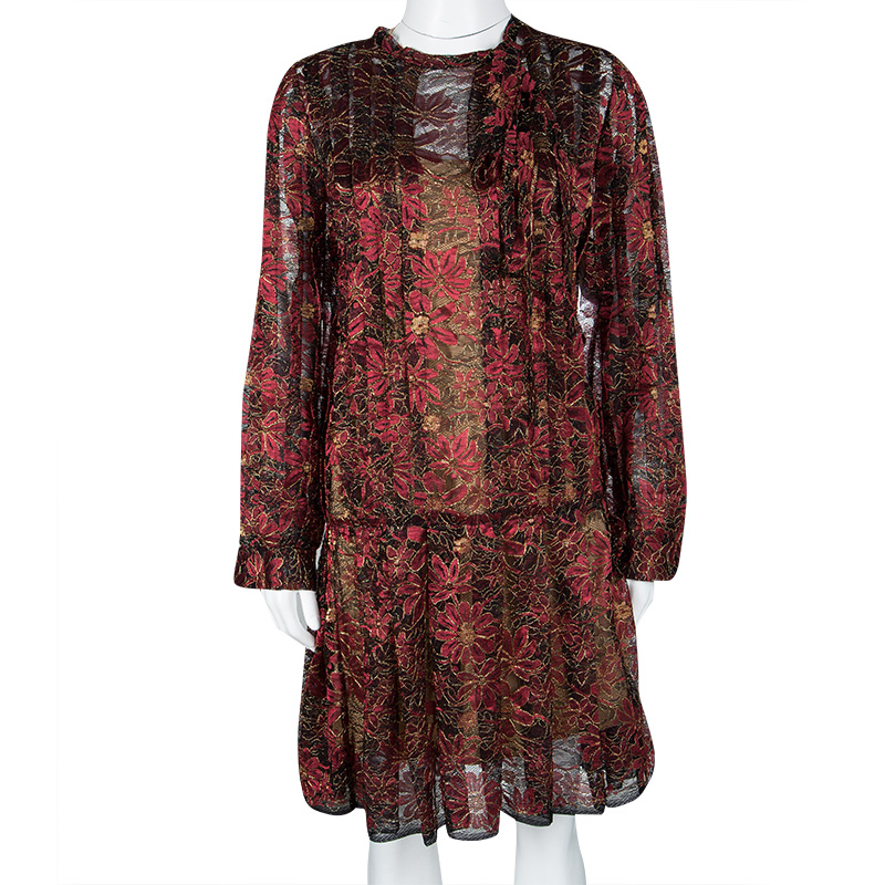 

Paule Ka Red Lurex Floral Lace Pleated Shirt Dress