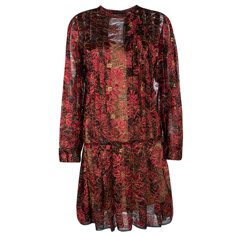 Paule Ka Red Lurex Floral Lace Pleated Shirt Dress XL