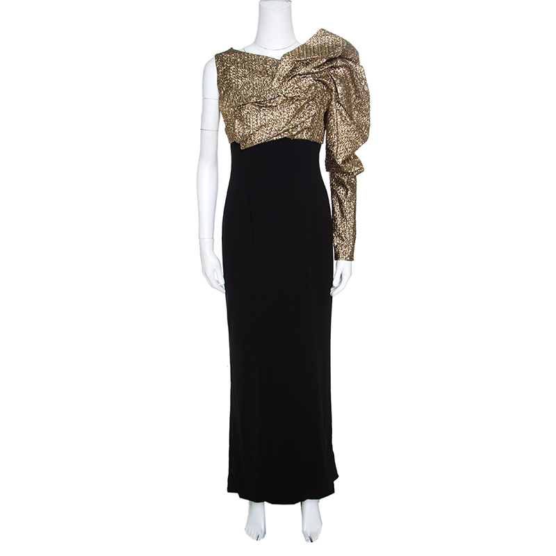 Pre Owned Paule Ka Gold and Black Draped Bodice Detail Evening Gown M