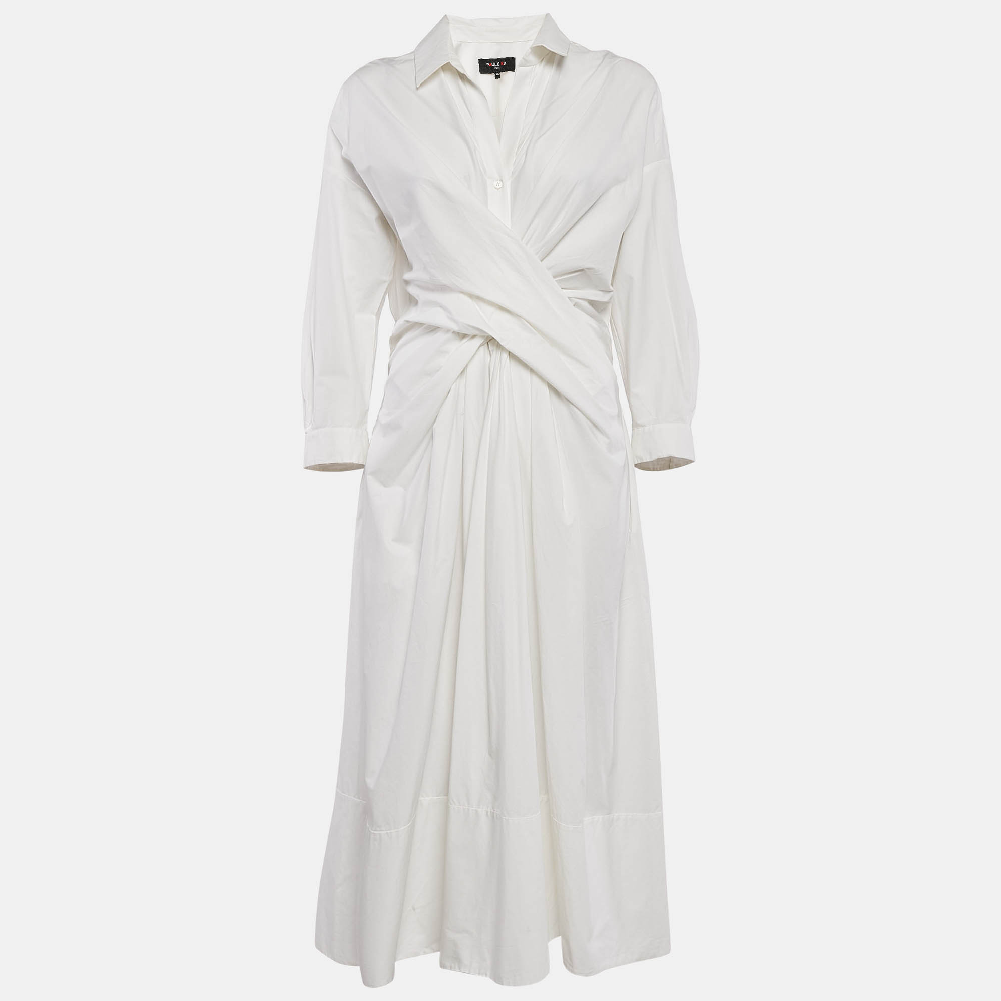 

Paule Ka Cotton Draped Style Midi Shirt Dress M, White