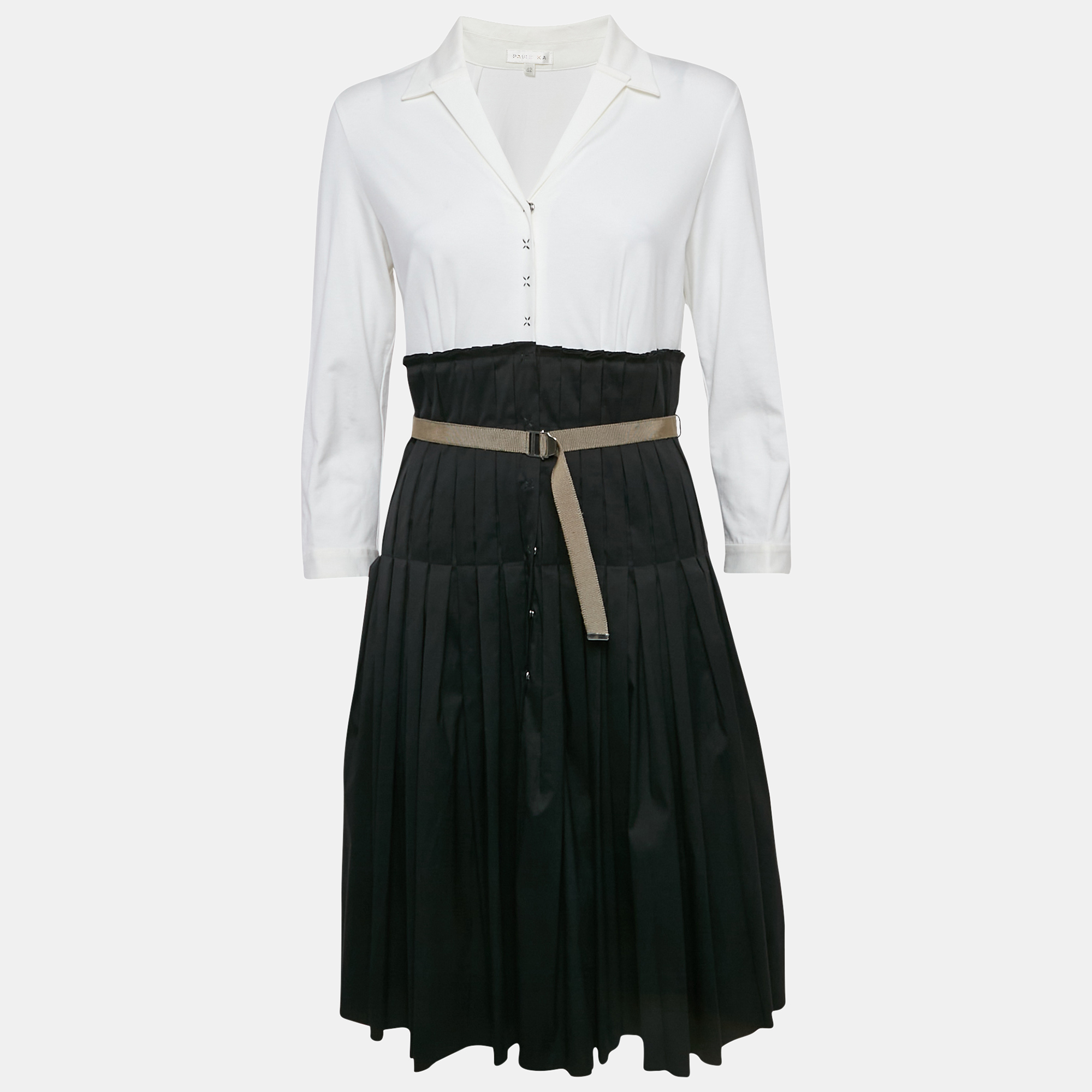 

Paule Ka Black & White Cotton Pleated Detail Midi Dress M