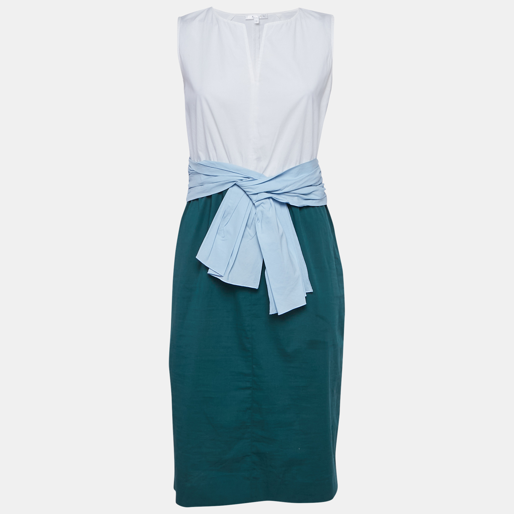 

Paule Ka White/Green Cotton Sleeveless Short Dress M, Multicolor