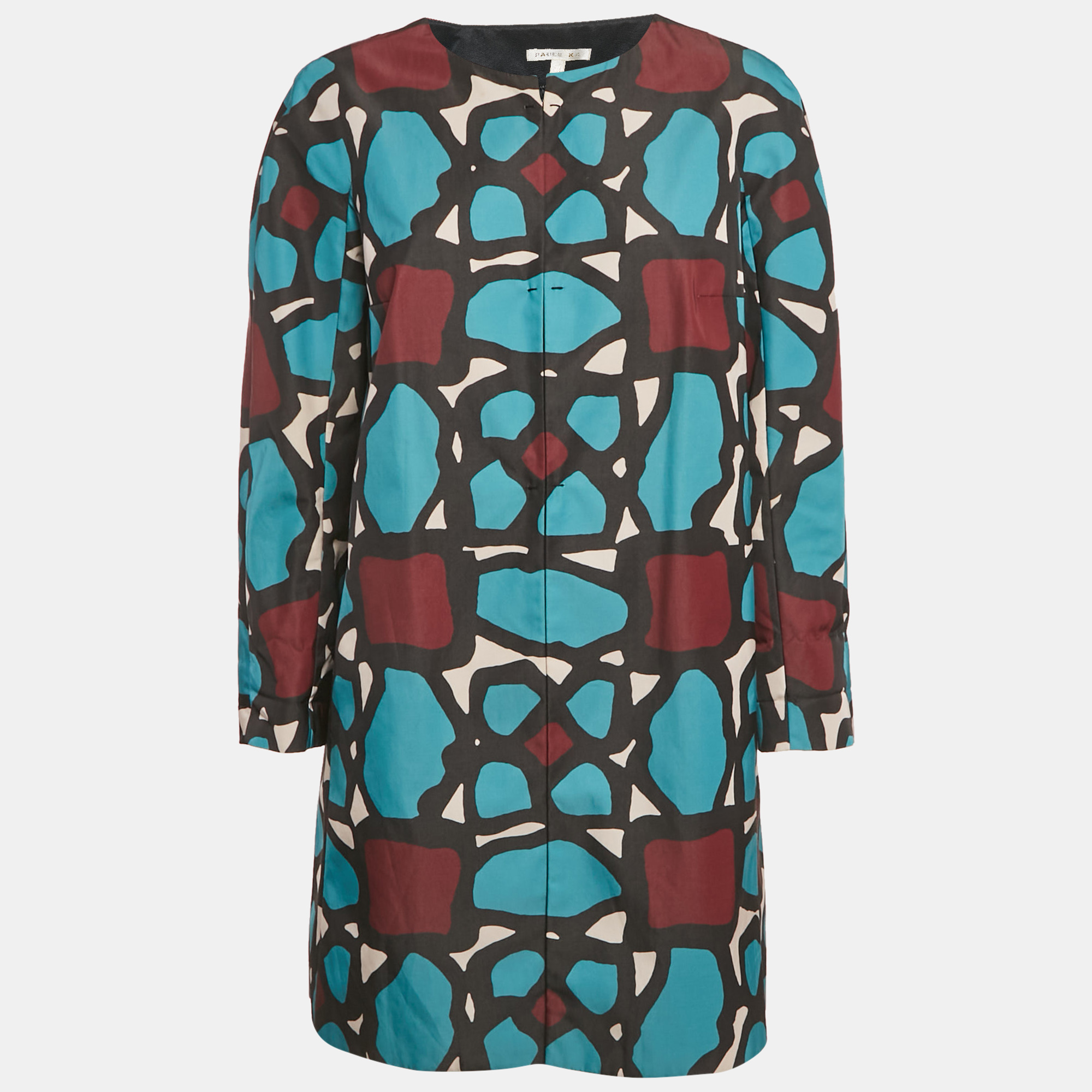 Pre-owned Paule Ka Blue Abstract Print Crepe Round Neck Coat L