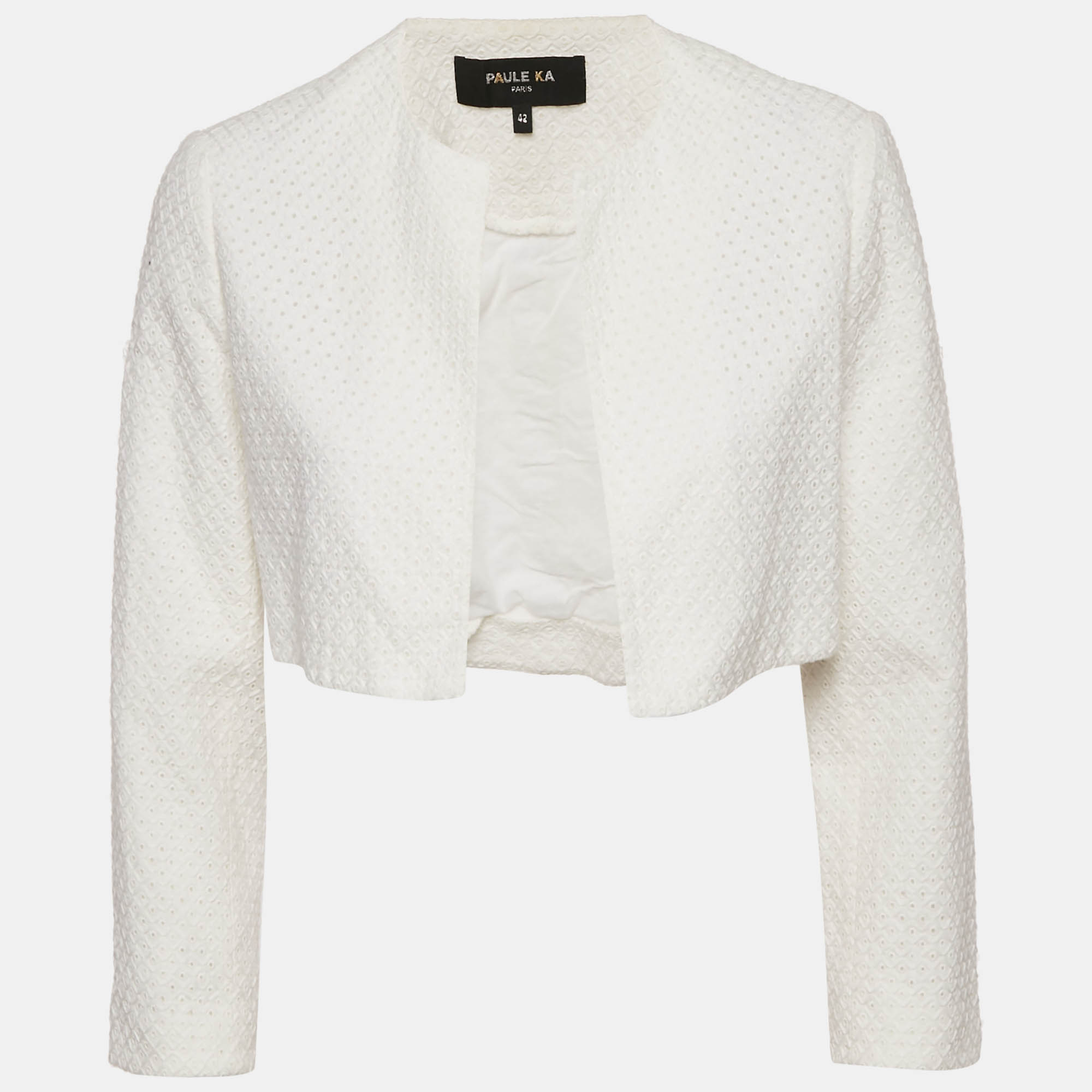 Pre-owned Paule Ka White Broderie Anglaise Cotton Crop Jacket L