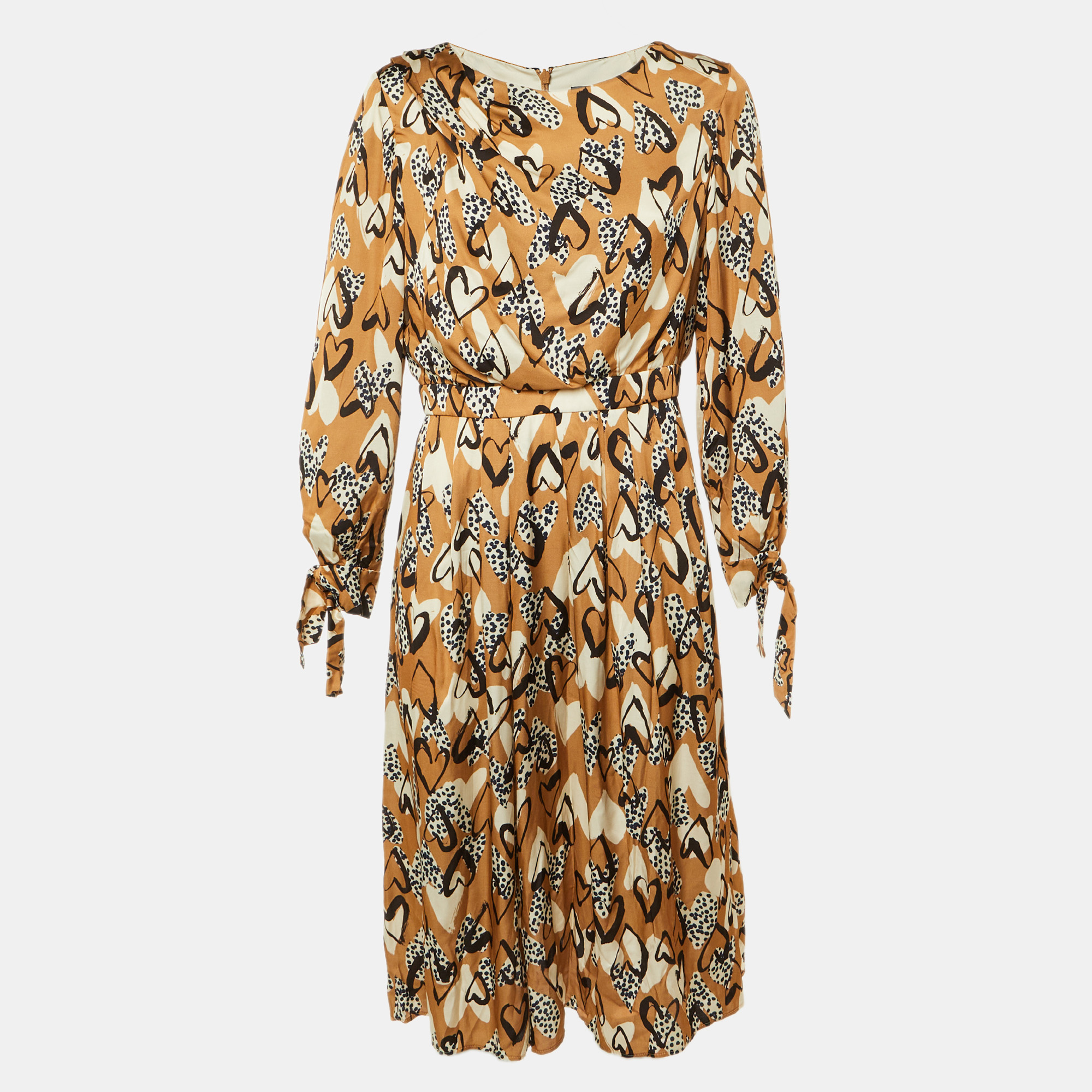 Paule Ka Brown Heart Print Satin Midi Dress L