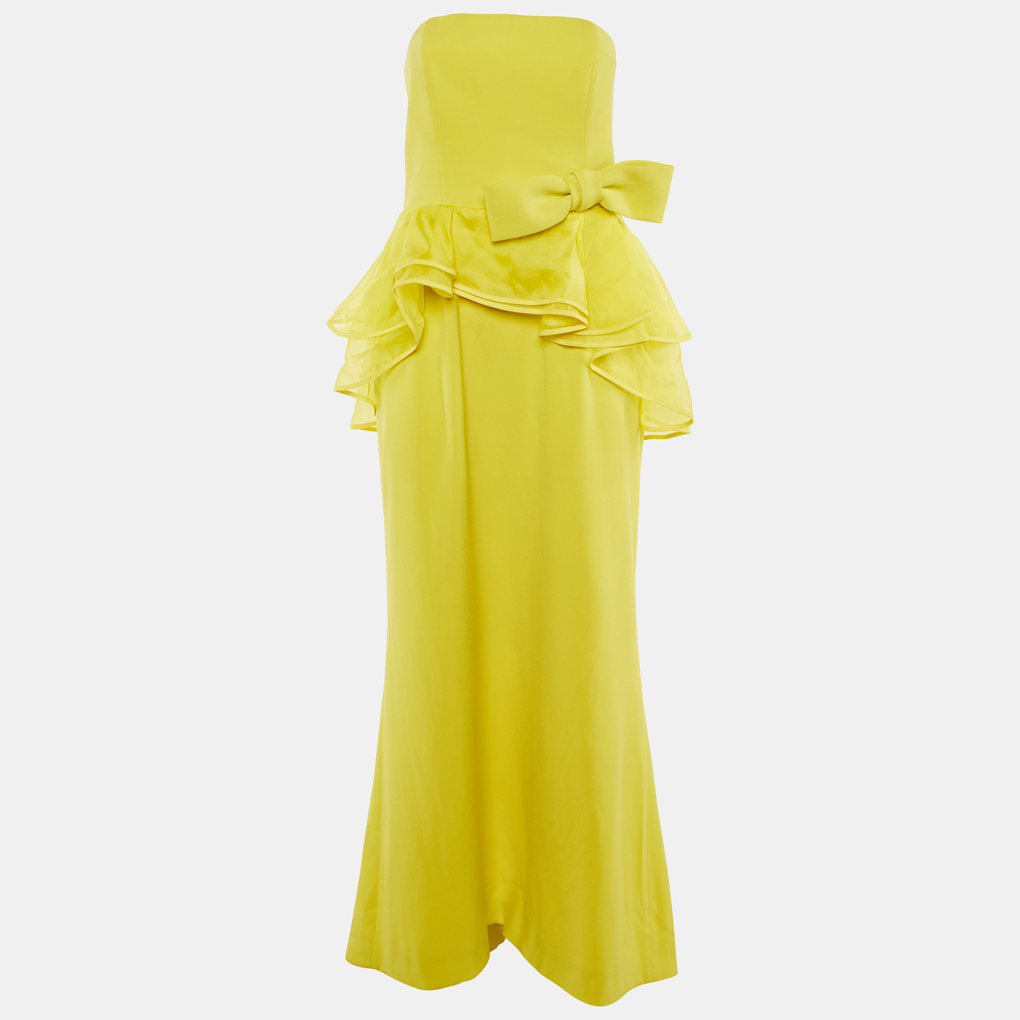 Pre-owned Paule Ka Yellow Crepe Bow & Asymmetric Frill Detail Strapless Maxi Dress L
