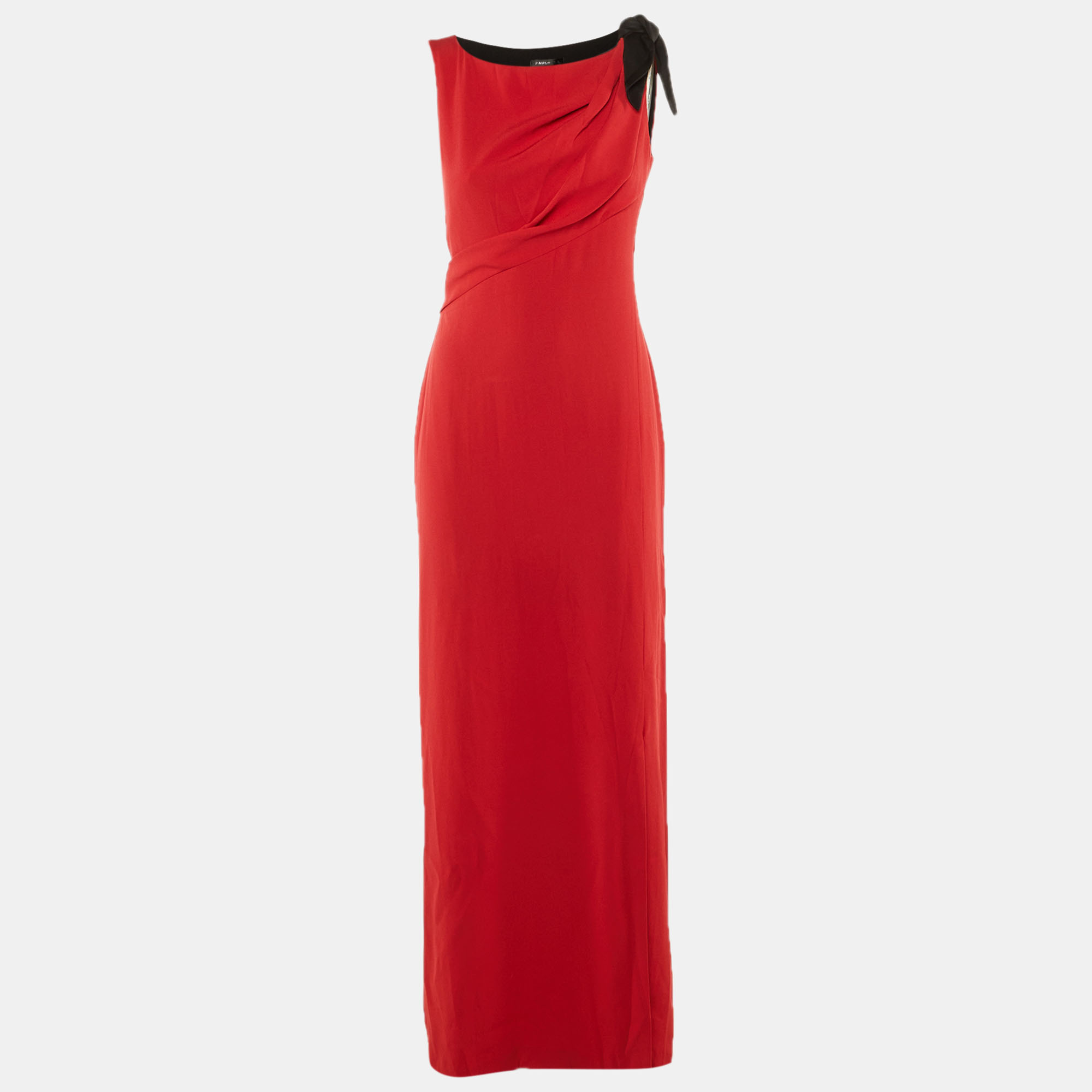 Pre-owned Paule Ka Red Crepe Knot Detail Sleeveless Maxi Dress M