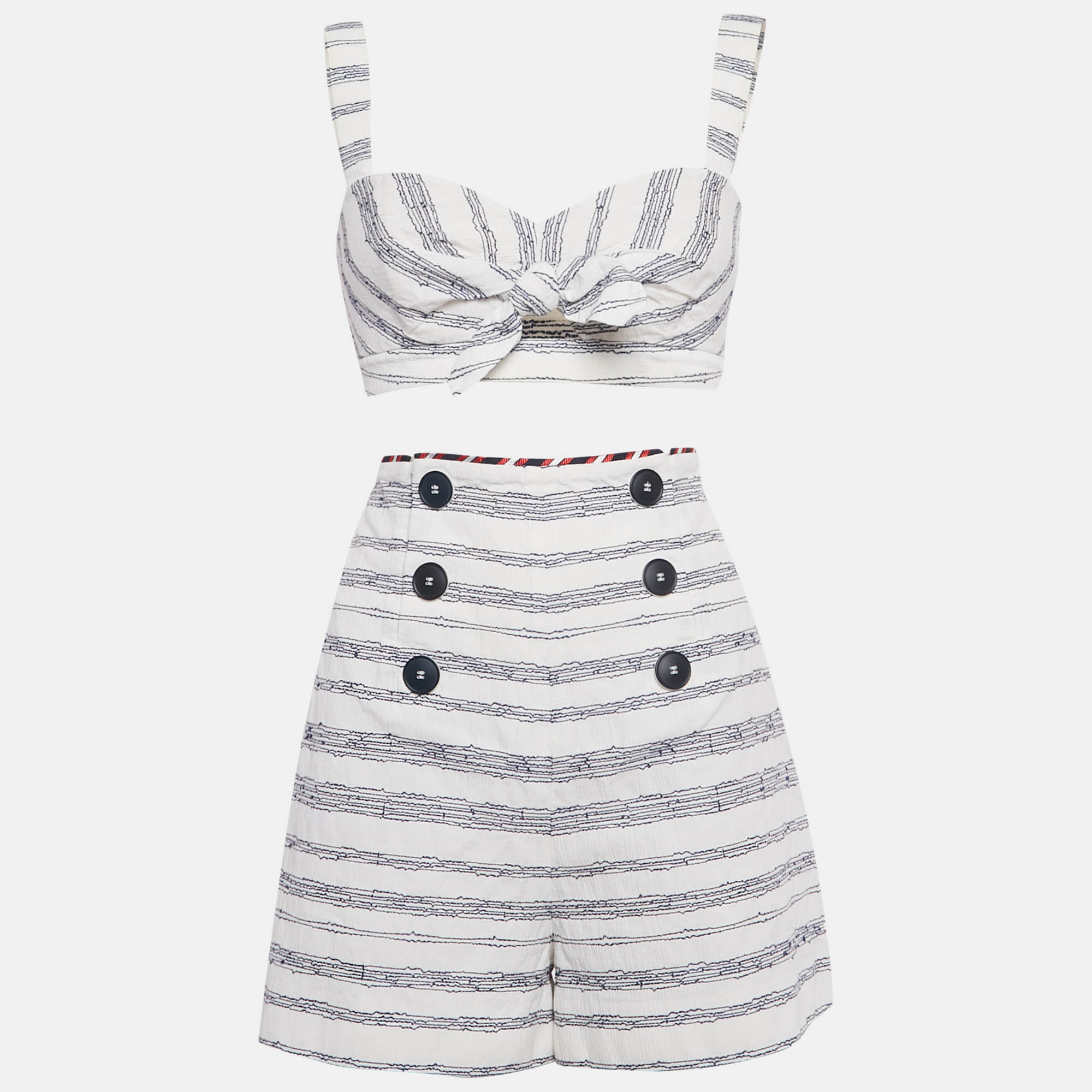 Click to view more detailed imagery on our partner's website Pre-owned Paule Ka White/blue Embroidered Stripe Cotton Top & Shorts Set L/m