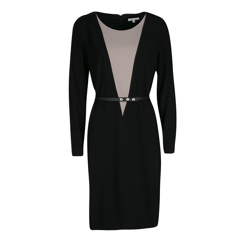 Pre Owned Paule Ka Black Contrast Neck Panel Detail Belted Dress M