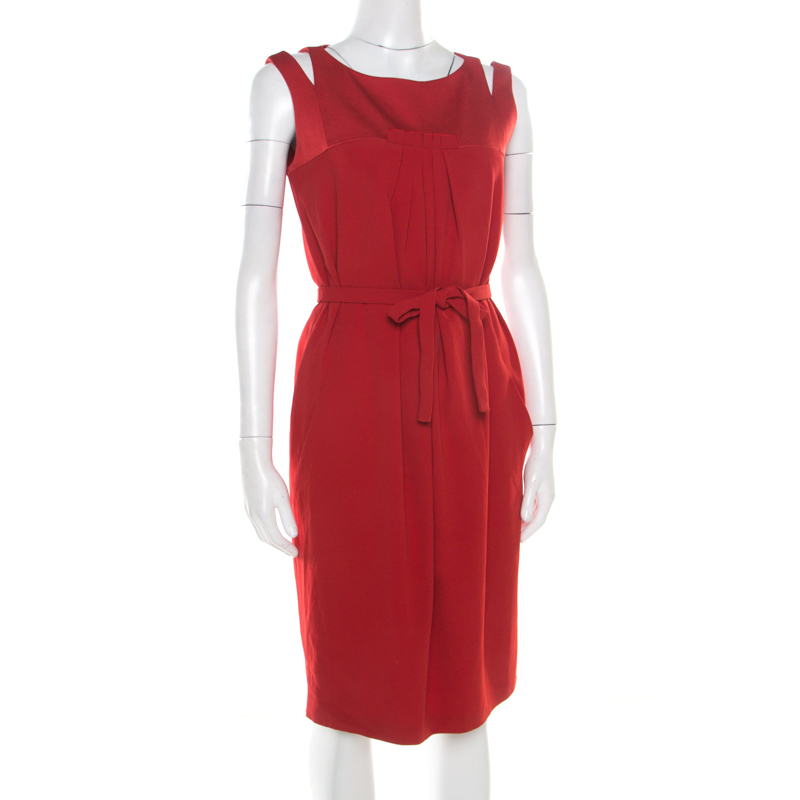 

Paule Ka Red Cutout Shoulder Detail Pleated Sleeveless Belted Dress
