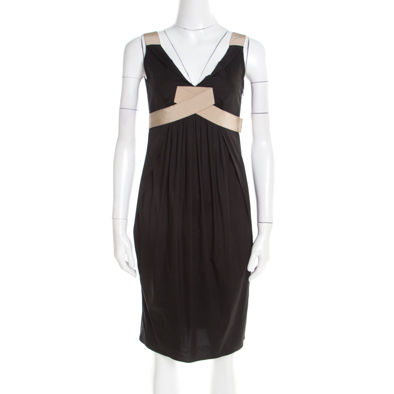 Paule Ka Black Draped Cotton Contrast Trim Sleeveless Dress S