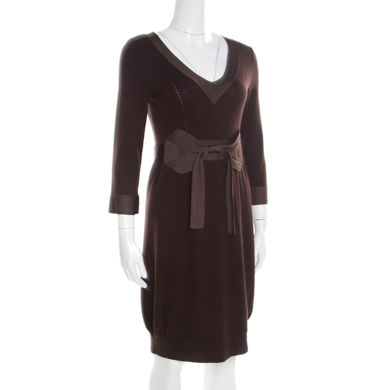 

Kenzo Brown Wool and Cashmere Bow Detail Long Sleeve Sweater Dress