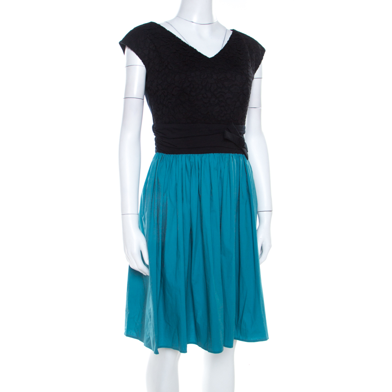 

Paule Ka Bicolor Cotton Lace Bodice Ruched Waist Sleeveless Dress, Black
