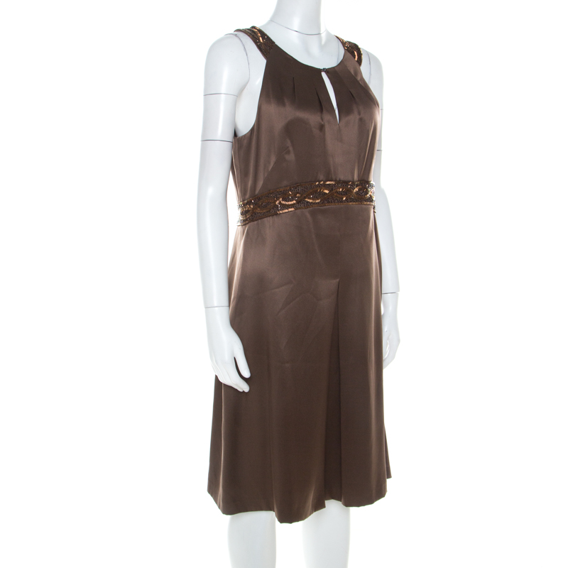 

Paule Ka Brown Silk Satin Embellished Detail Dress