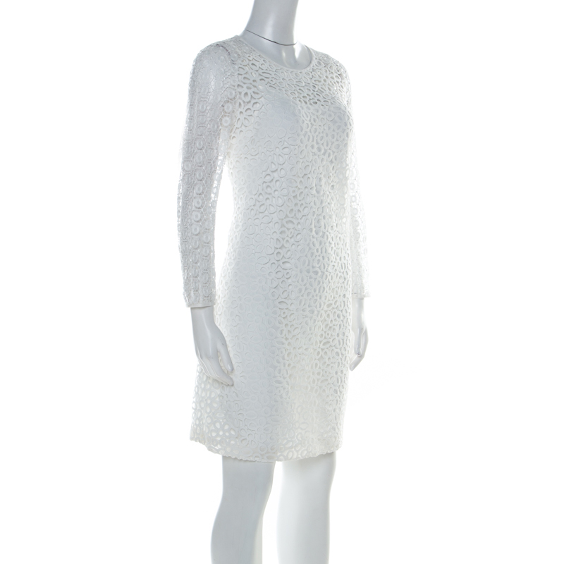 

Paule Ka White Multi Lace Long Sleeve Shift Dress