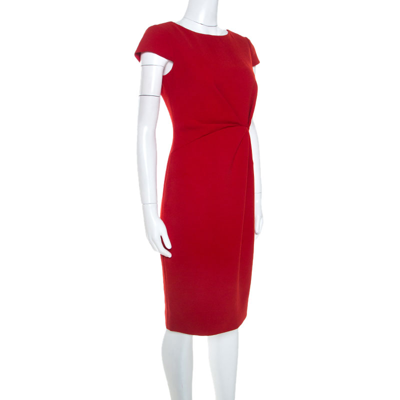 

Paule Ka Red Crepe Draped Waist Detail Midi Dress