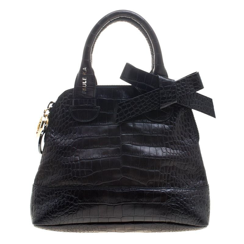 Paule Ka Black Croc Embossed Leather Bow Satchel