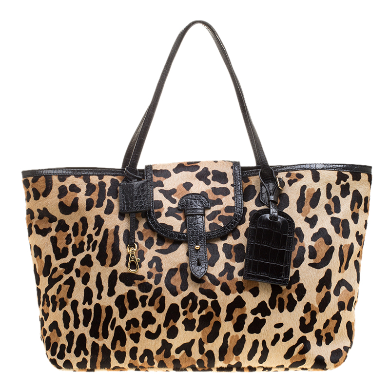 Paule Ka Leopard Print Pony Hair and Leather Tote