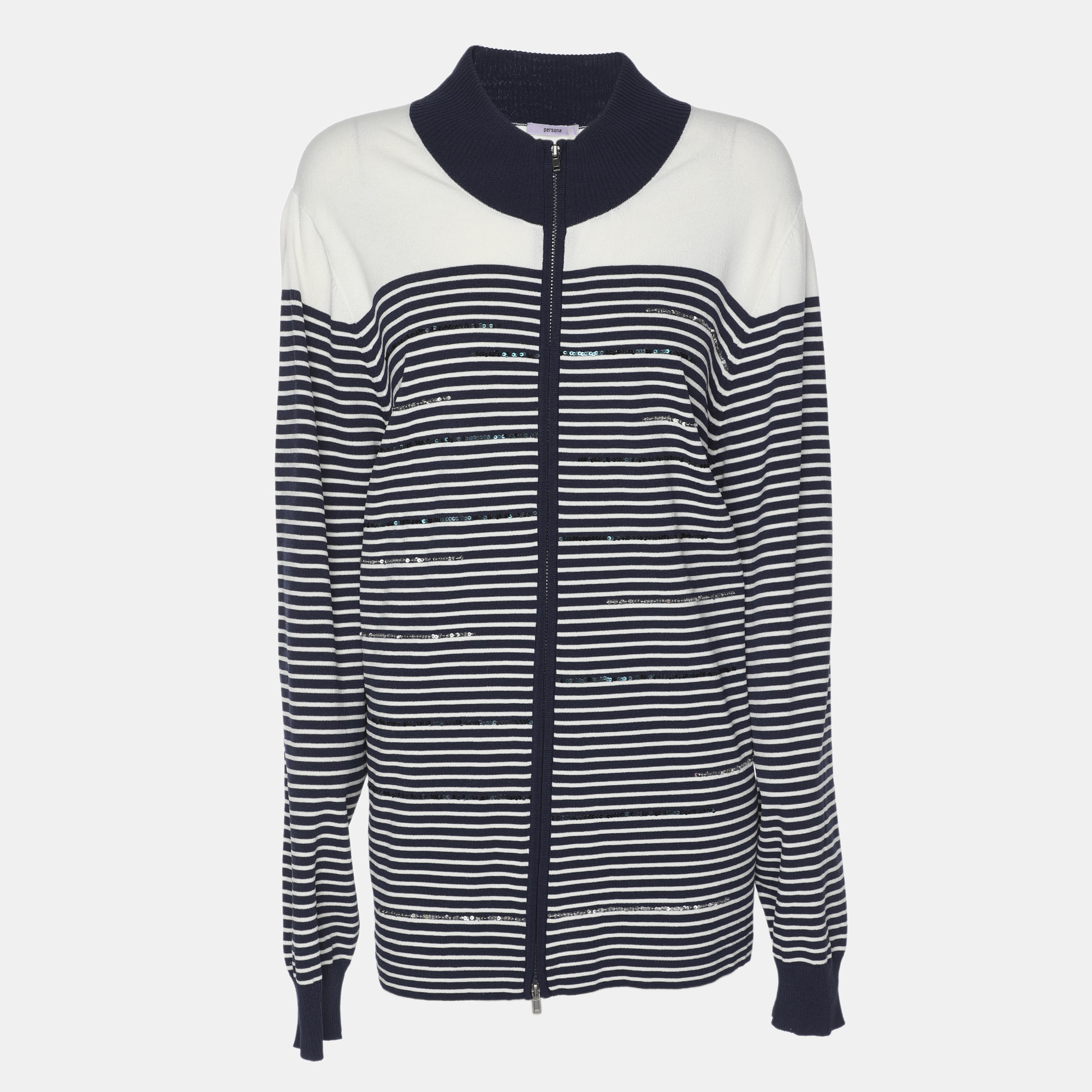 Pre-owned Persona Blue/white Stripe Stretch Knit Cardigan Xl