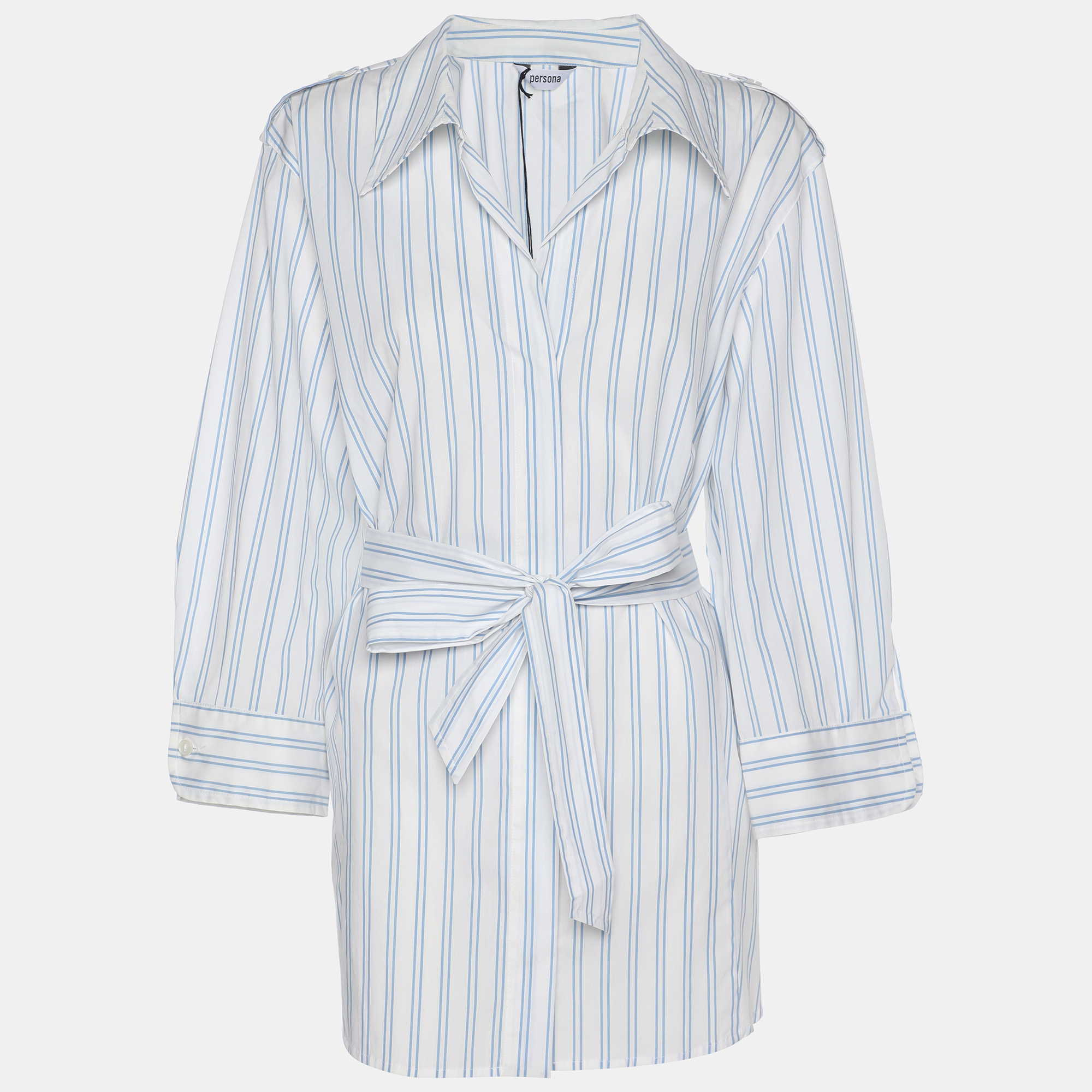 Pre-owned Persona White/blue Stripe Cotton Belted Shirt Top Xl