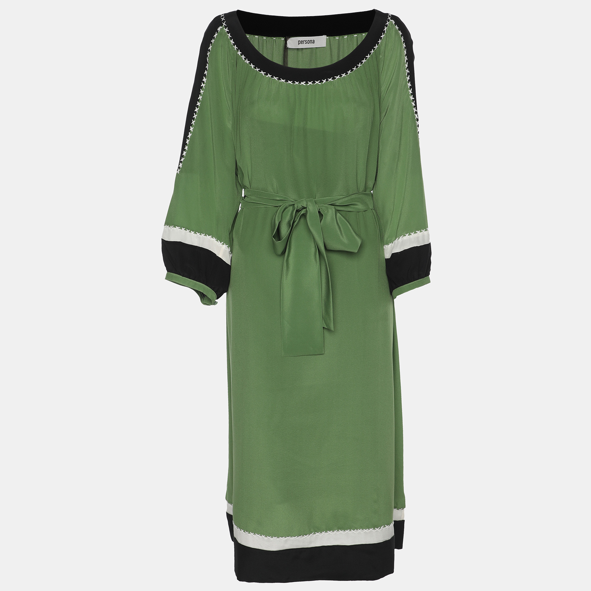 

Persona Green/Black Silk Whip Stitch Detail Midi Dress L