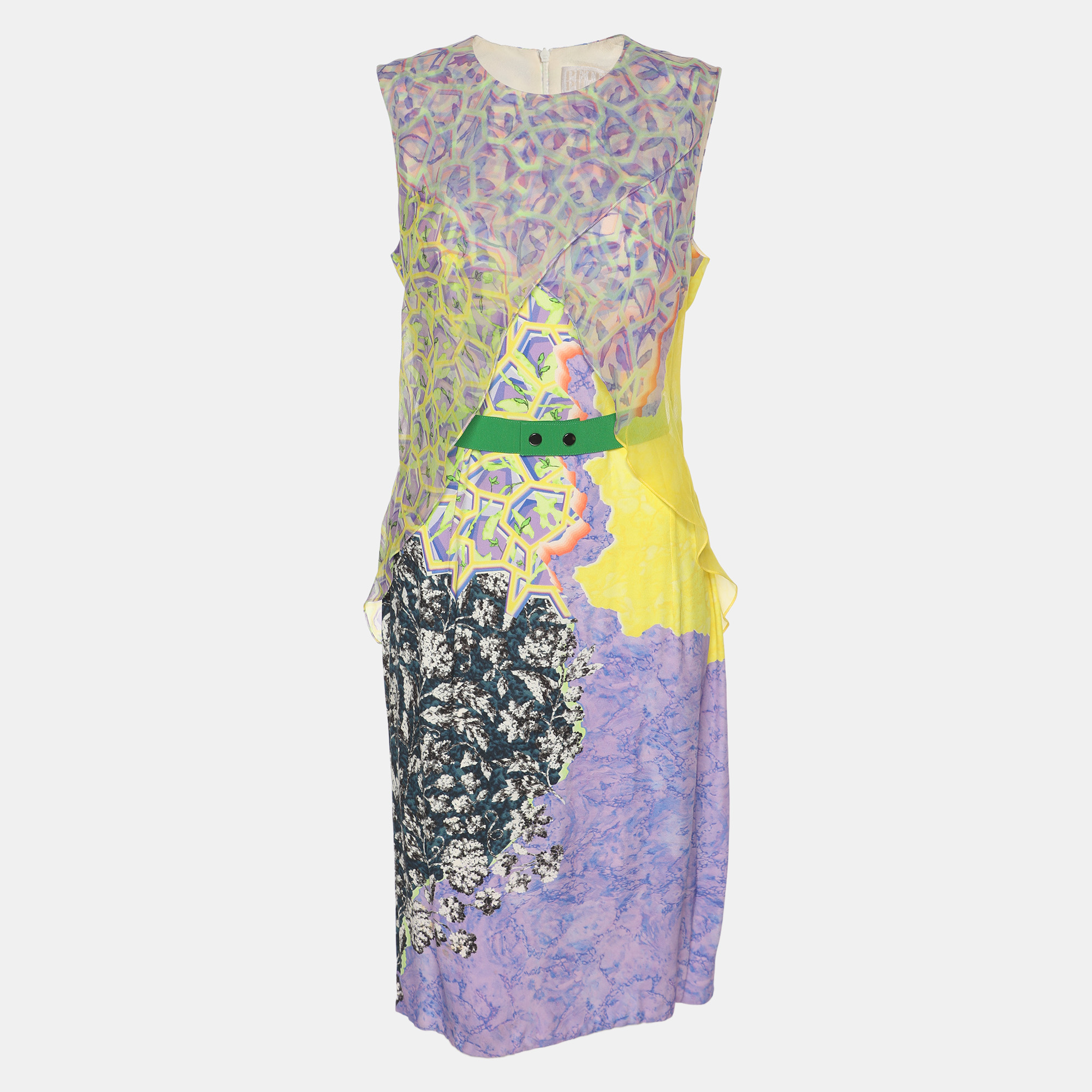 Pre-owned Peter Pilotto Mulitcolor Printed Crepe Sleeveless Belted Midi Dress M In Multi