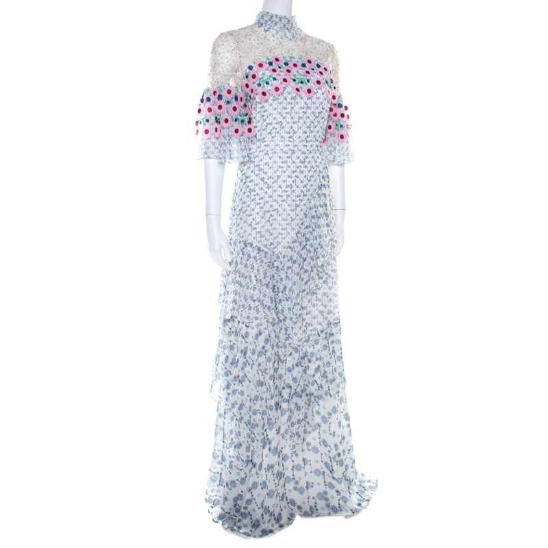 

Peter Pilotto White Floral Print Lace Panelled Ruffled Silk Georgette Dress