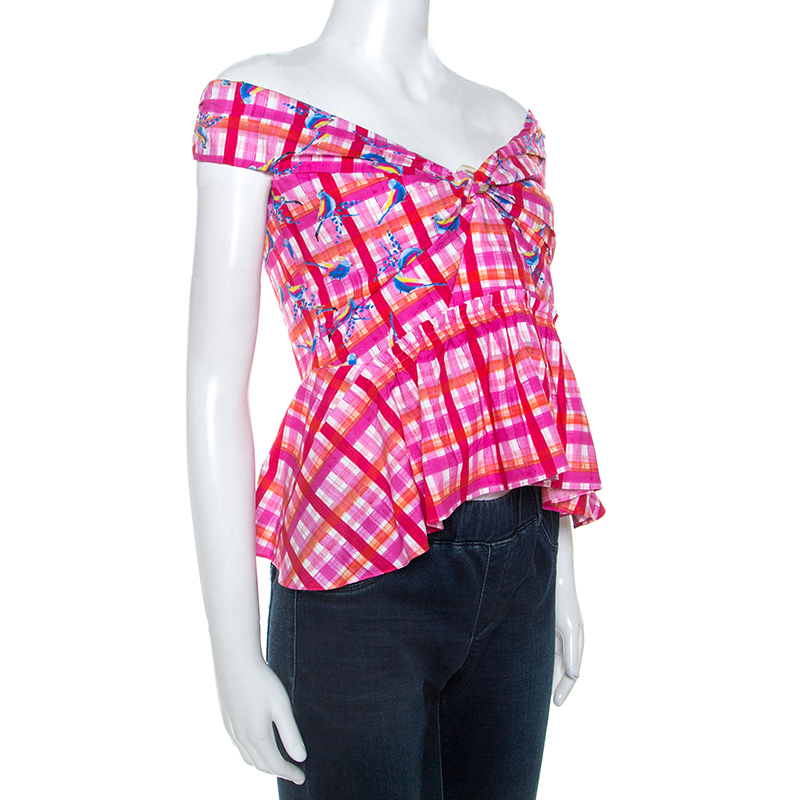 

Peter Pilotto Pink Printed Cotton Poplin Off Shoulder Top