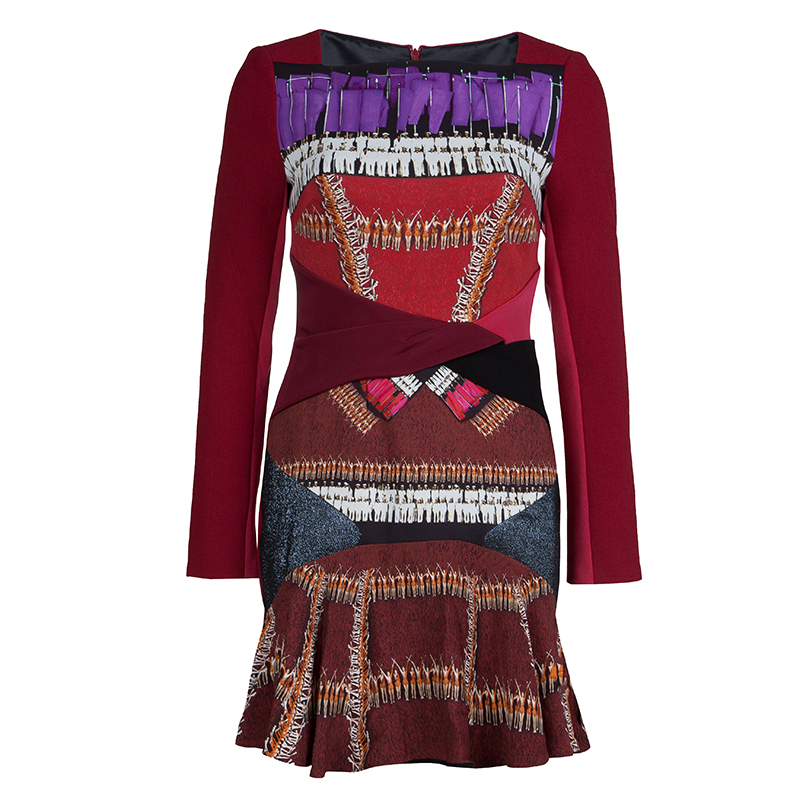 Pre Owned Peter Pilotto Burgundy Printed Wool Dress M