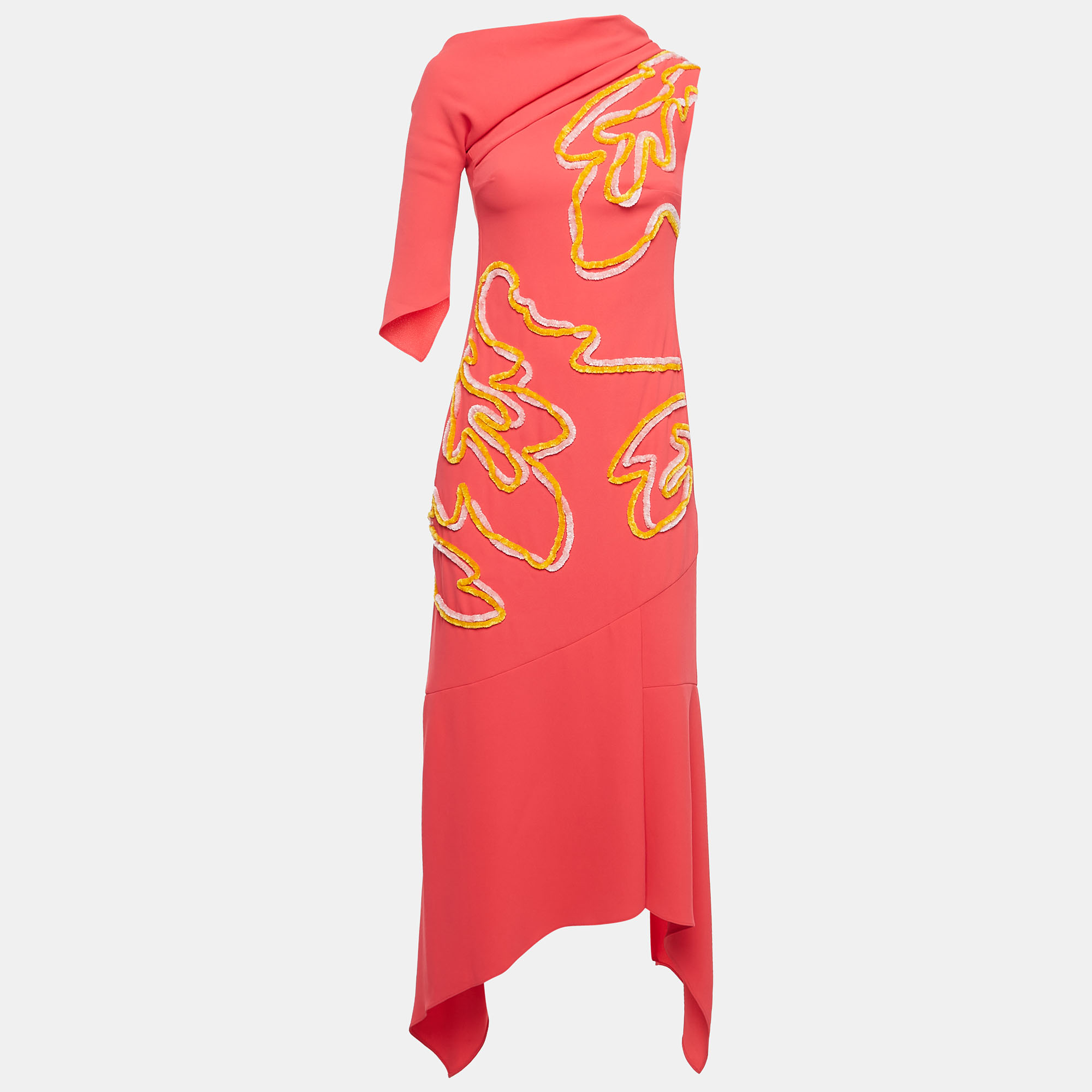 

Peter Pilotto Red Contrast Trim Crepe Off-Shoulder Chenille Cady Gown
